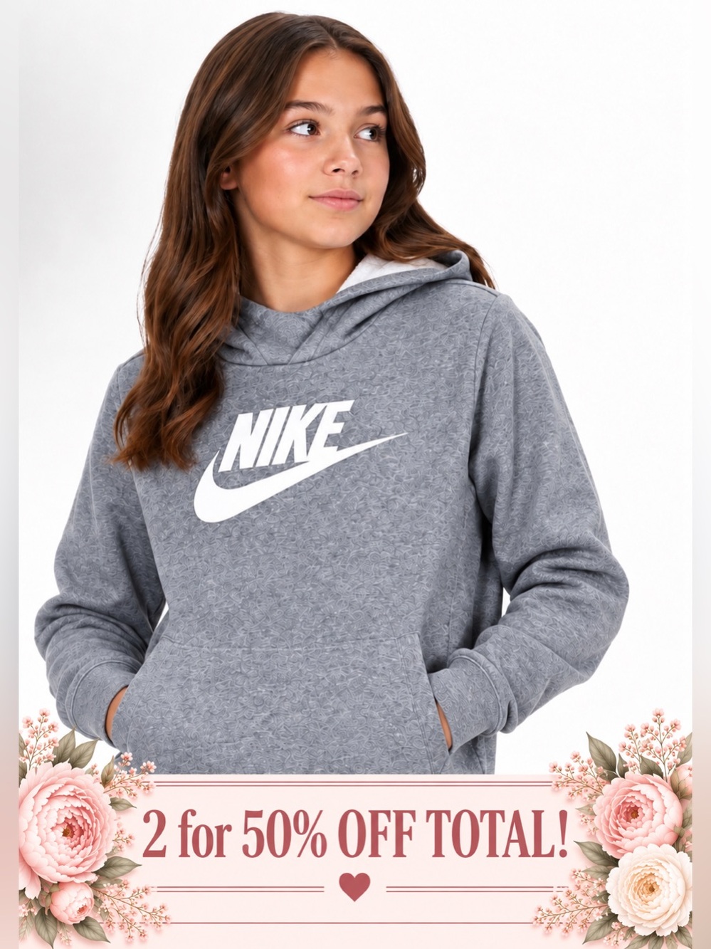 Nike Girls Club Fleece HBR Pullover Hoodie Gray Heather White Size M BV2717